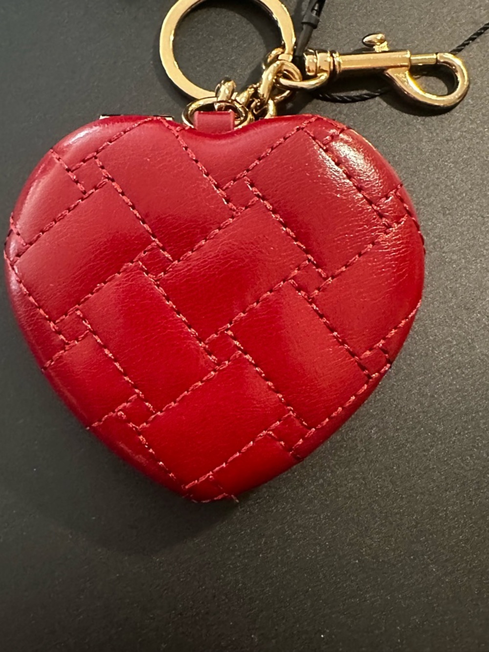 Kurt Geiger Red Quilted Heart Double Sided Keyring Mirror with Gold Hardware - Picture 8 of 9